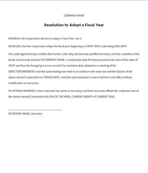 Sample Corporate Resolution To Adopt A Fiscal Year Template 
